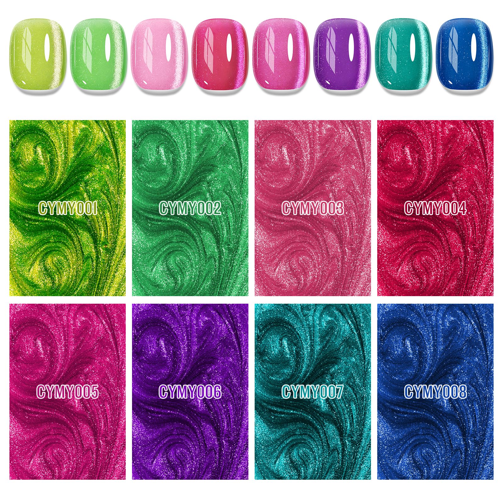 MIZHSE neon cat eye color palette showing eight vibrant shades