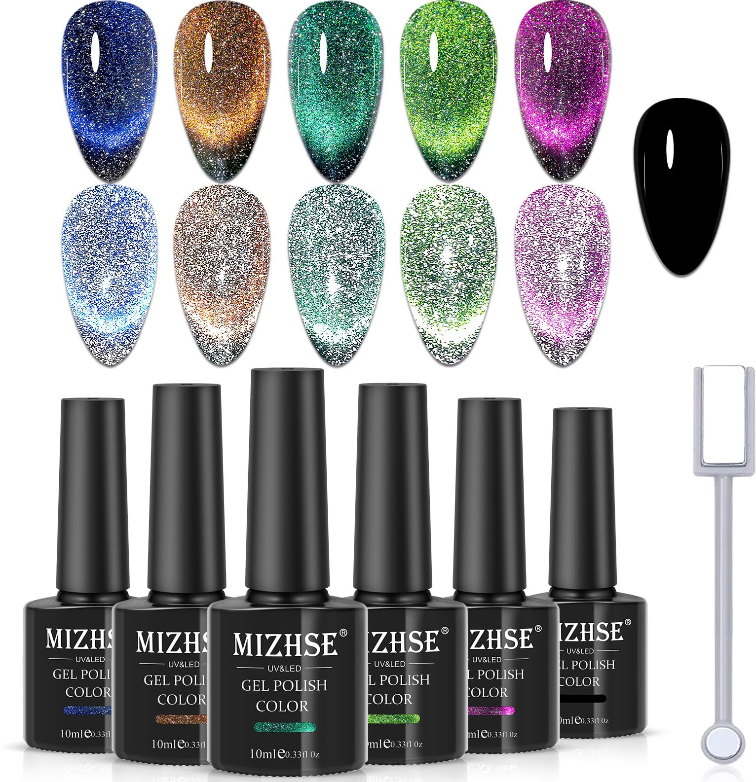 MIZHSE Reflective Glitter 9D Cat Eye gel polish bottle showcases galaxy shimmer.