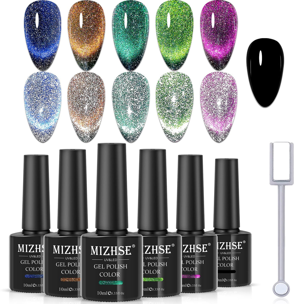 MIZHSE Reflective Glitter 9D Cat Eye gel polish bottle showcases galaxy shimmer.