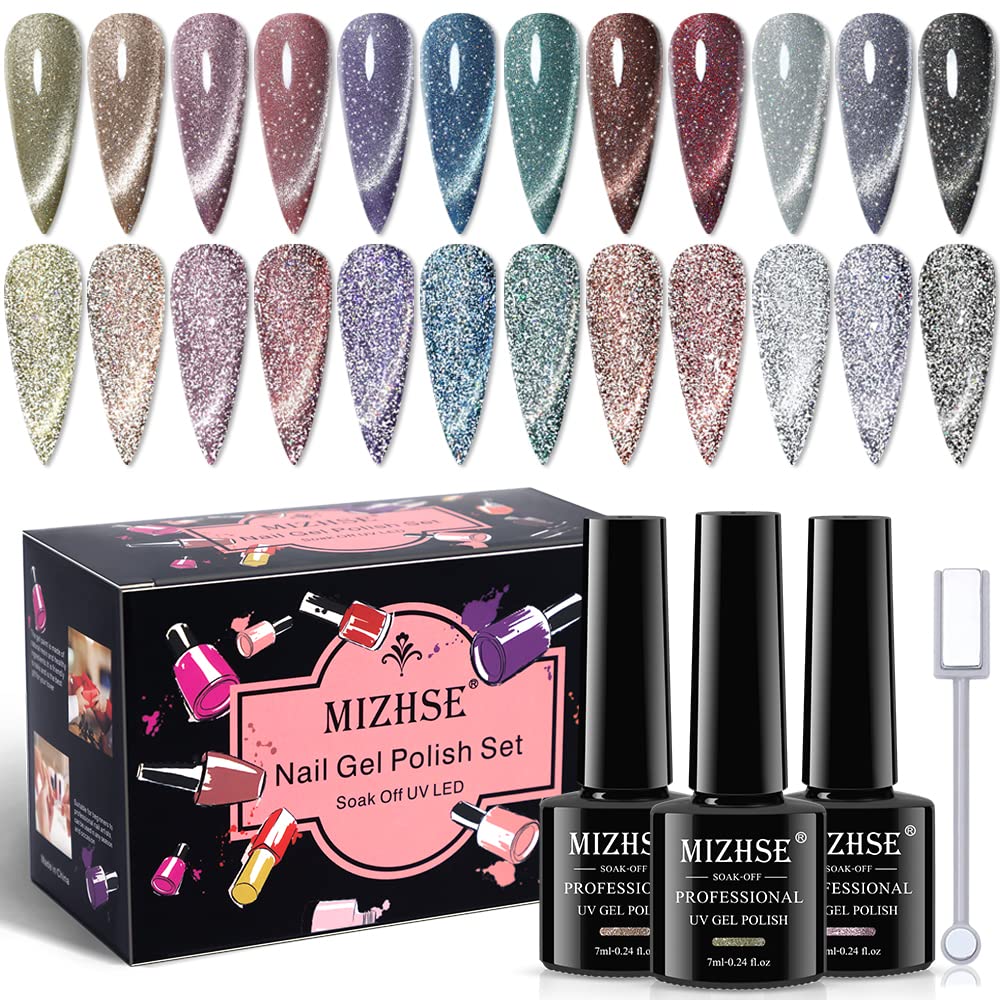 MIZHSE reflective glitter cat eye gel polish bottle showing shimmering sparkle for stylish DIY nails.