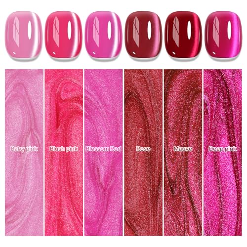 Six pink magnetic gel polishes by MIZHSE for varied cat eye designs.