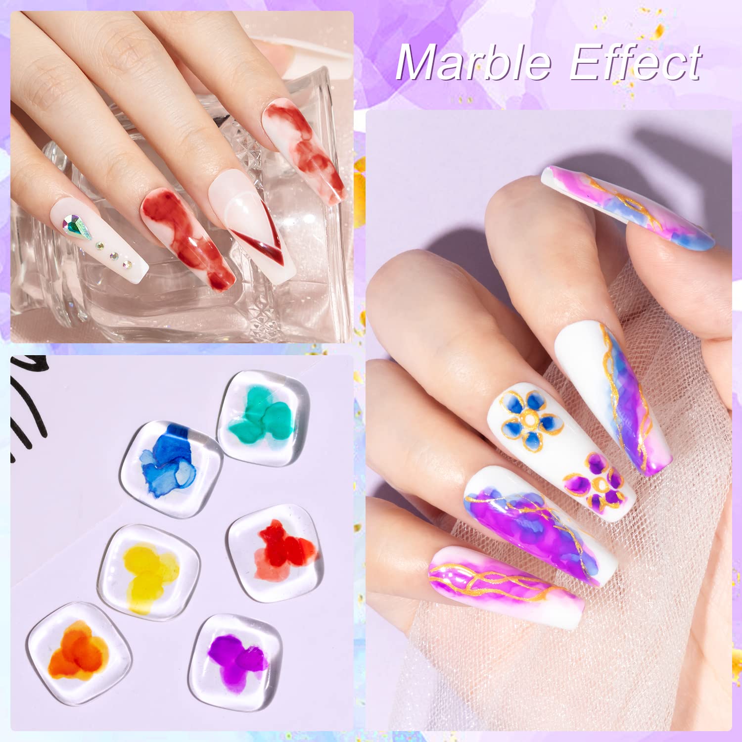 MIZHSE gold-blue-purple swirl image shows quick-dry formula for at-home nail art.
