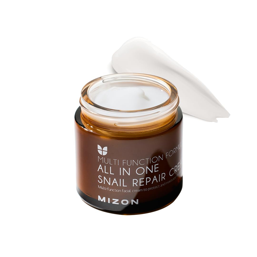 MIZON All-in-One Snail Repair Cream bottle close-up highlighting hydration.