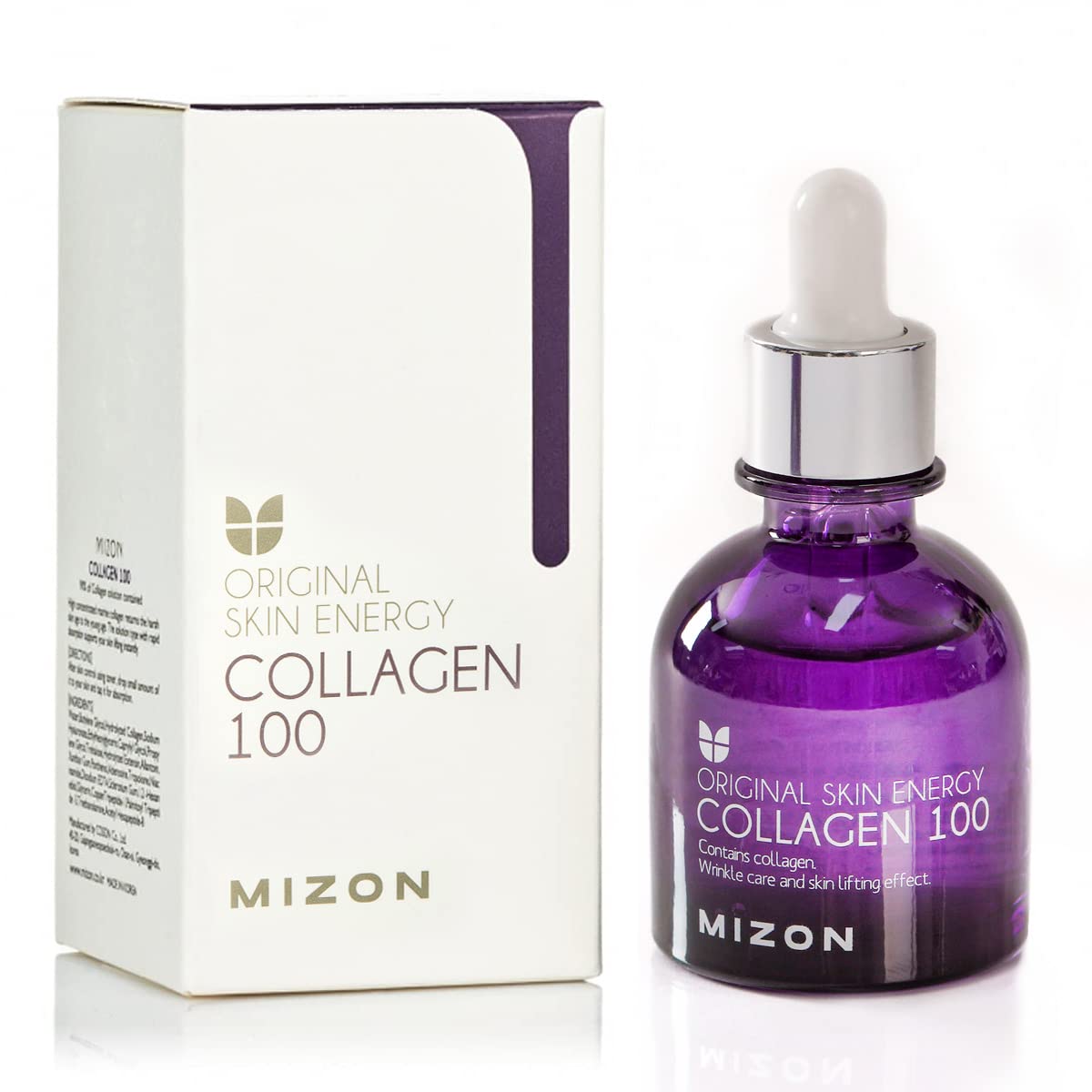 MIZON Collagen 100 ampoule bottle close-up highlighting firming marine collagen