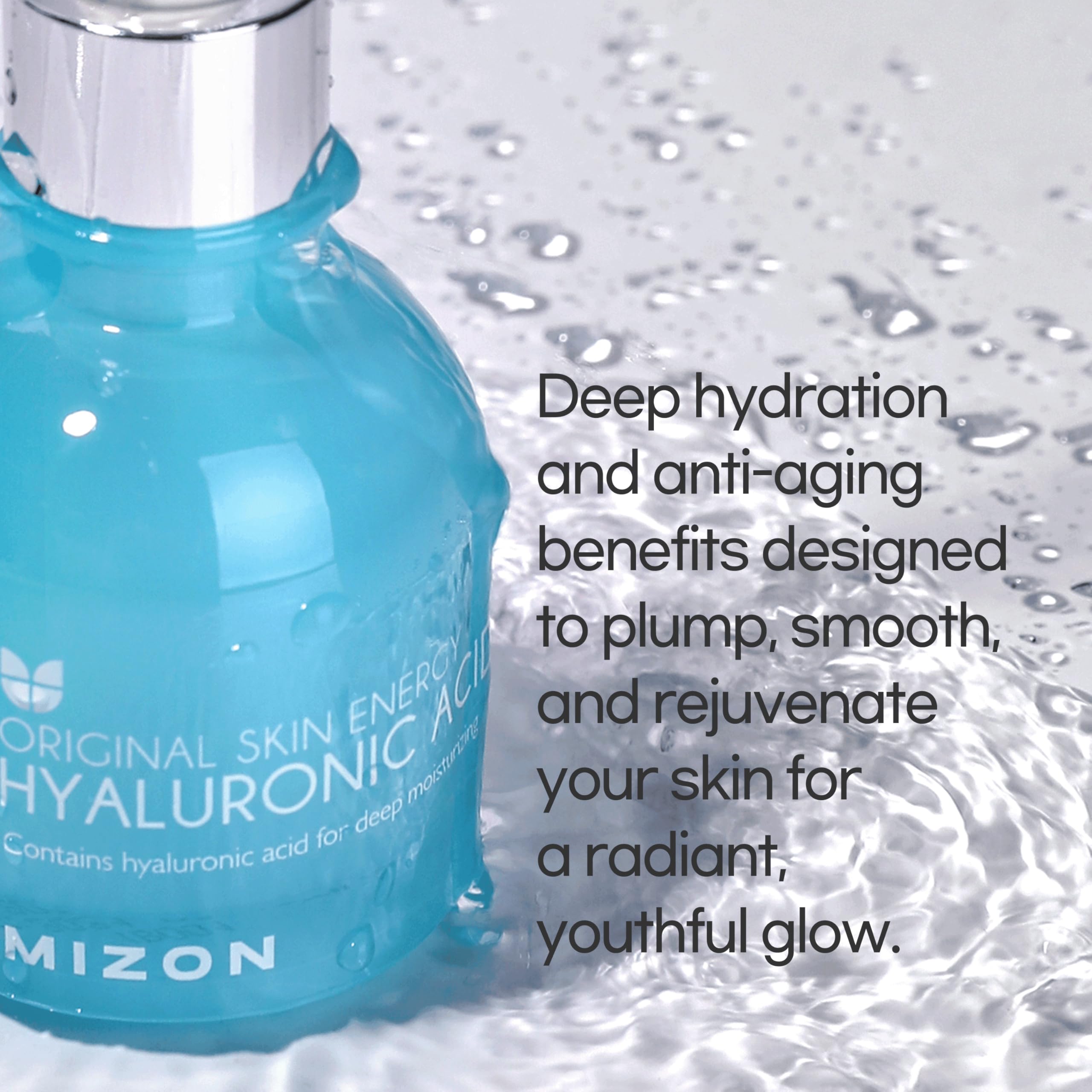MIZON Hyaluronic Acid 100 Serum label close-up illustrating 2,500 PPM hydration power.