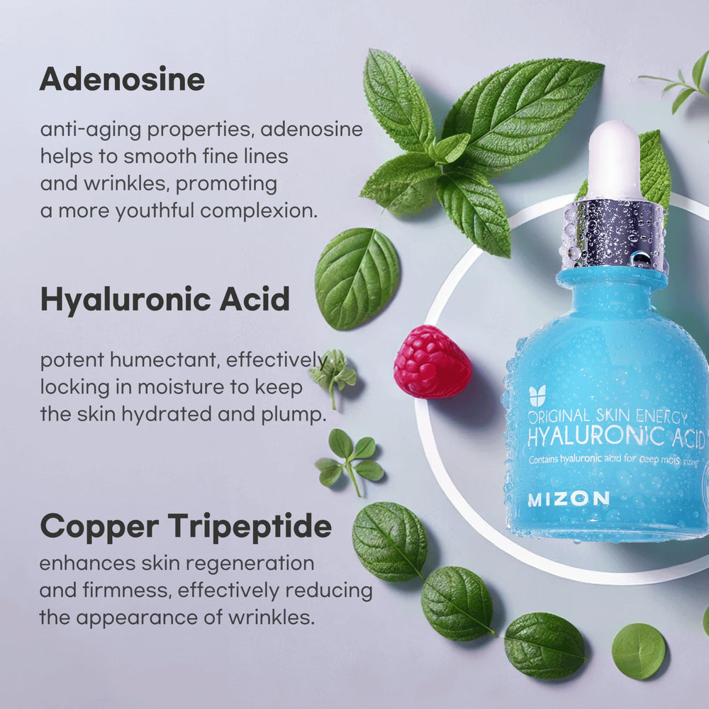 MIZON Hyaluronic Acid 100 Serum applied to skin for smooth, refreshed texture.