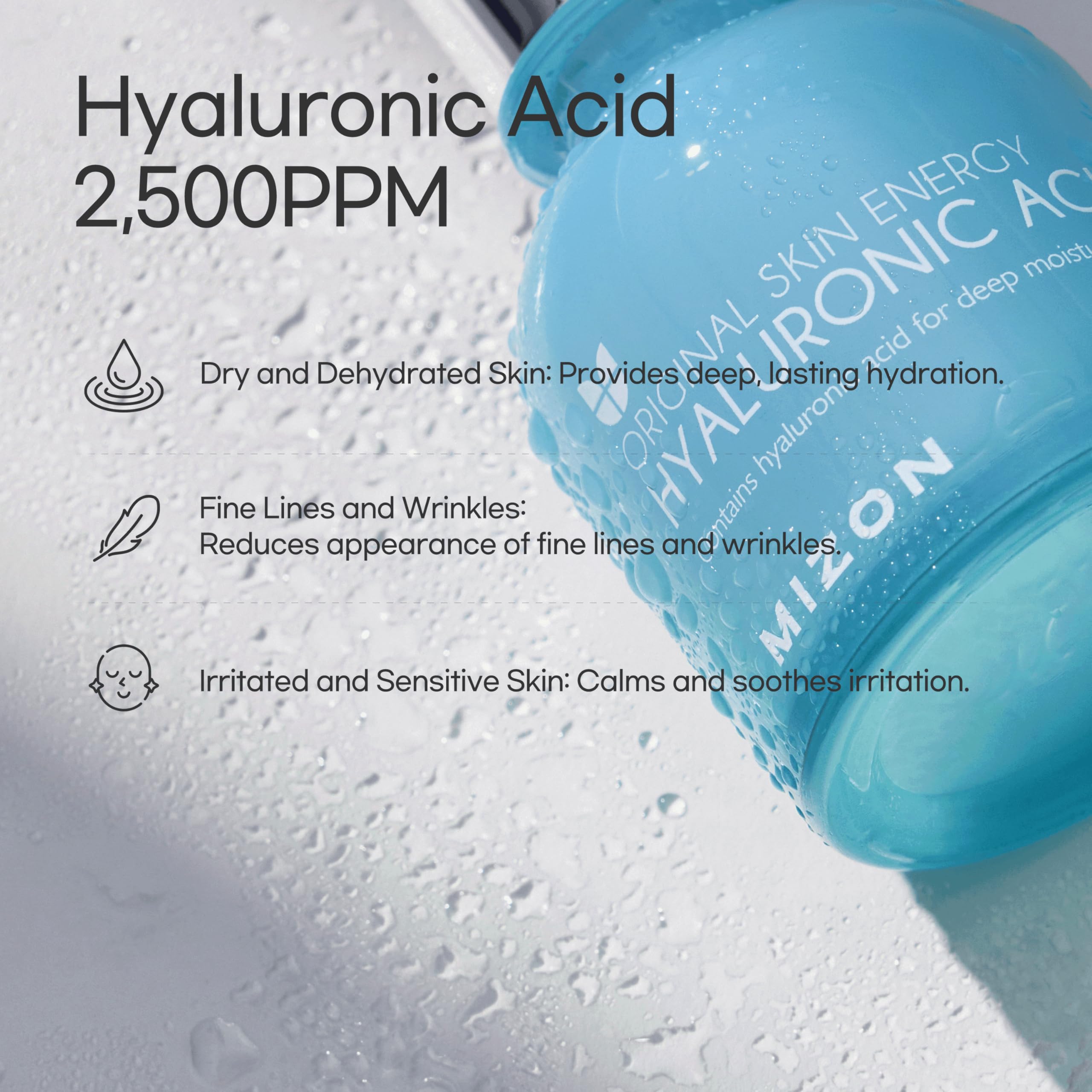 MIZON Hyaluronic Acid 100 Serum texture swirl conveys lightweight, non-greasy feel.