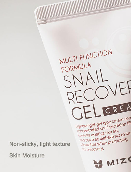 Close-up of MIZON Snail Recovery Gel Cream 45ml jar, fragrance-free formula for sensitive skin.
