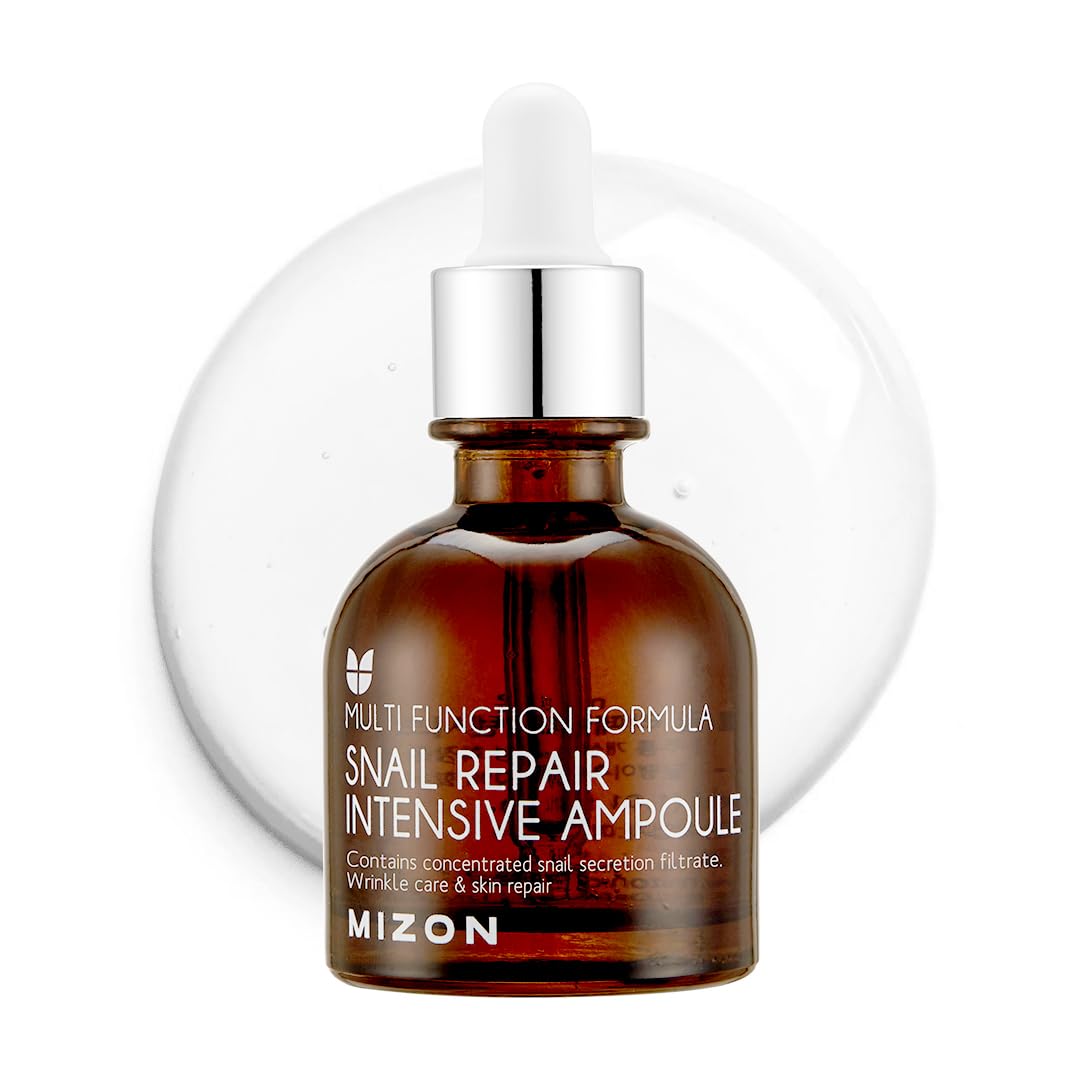 MIZON Snail Repair Intensive Ampoule bottle shows a hydrating serum texture for the skin.