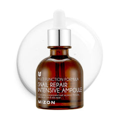 MIZON Snail Repair Intensive Ampoule bottle shows a hydrating serum texture for the skin.