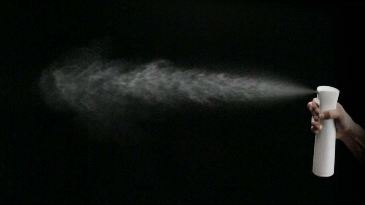 MJDFS hair and beauty setup shows gentle, even spray for styling.