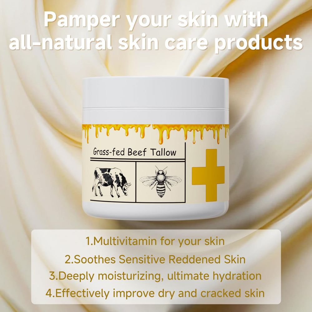 Grass-fed beef tallow bottle emphasizes pure moisture from natural fats