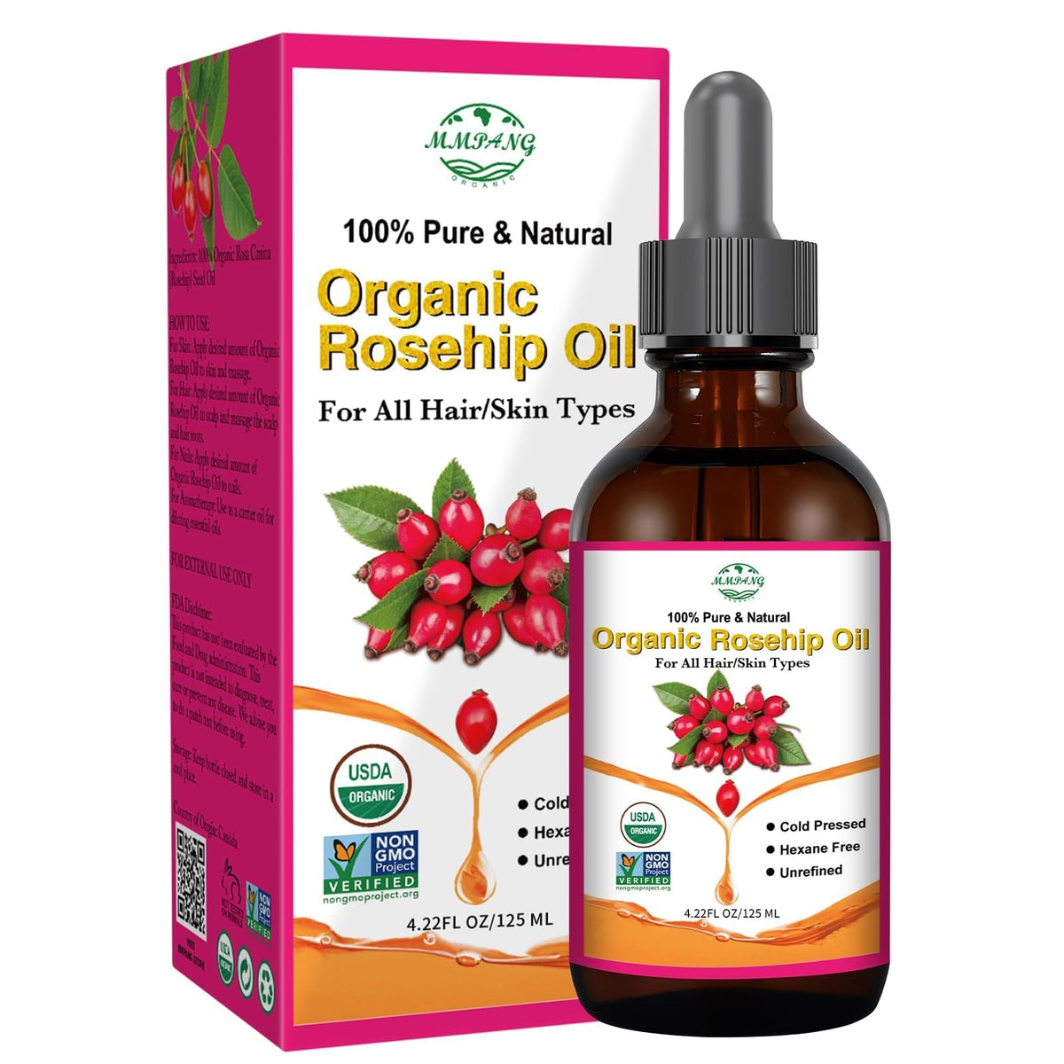MMPANG Rosehip Oil bottle shows pure organic formulation for radiant skin.
