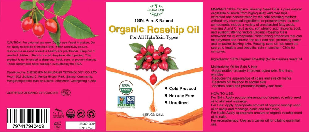 MMPANG Rosehip Oil packaging with clear label and certification details.