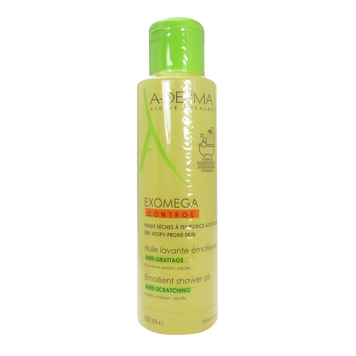 MNAFKT A-DERMA Exomega Control bottle pour demonstrates gentle cleansing for sensitive skin.