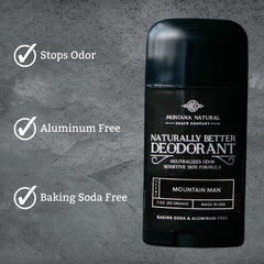 Close-up of MNS Mountain Man deodorant stick emphasizing compact design and clean application.
