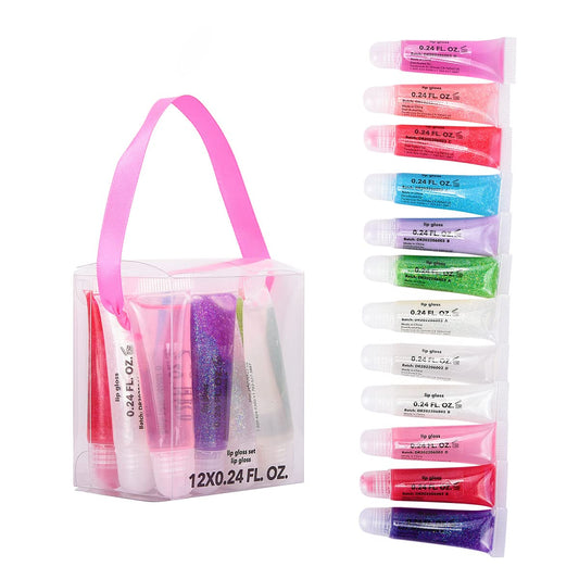 M&U Glitter Lip Gloss Set case open showing 12 shiny tubes for playful gifting.