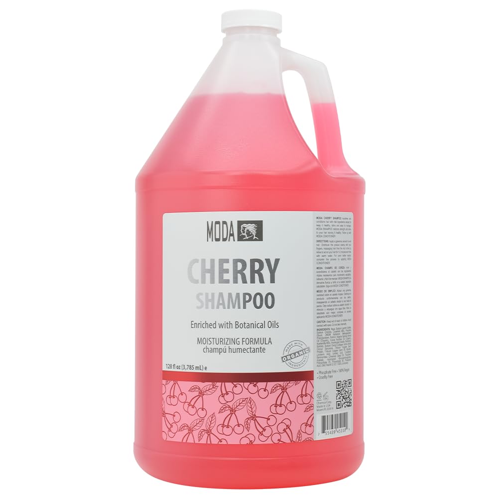 MODA Cherry Shampoo bottle front demonstrates professional cleansing for all hair types.