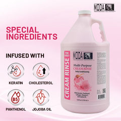 MODA Cream Rinse ingredients closeup highlights keratin and panthenol benefits
