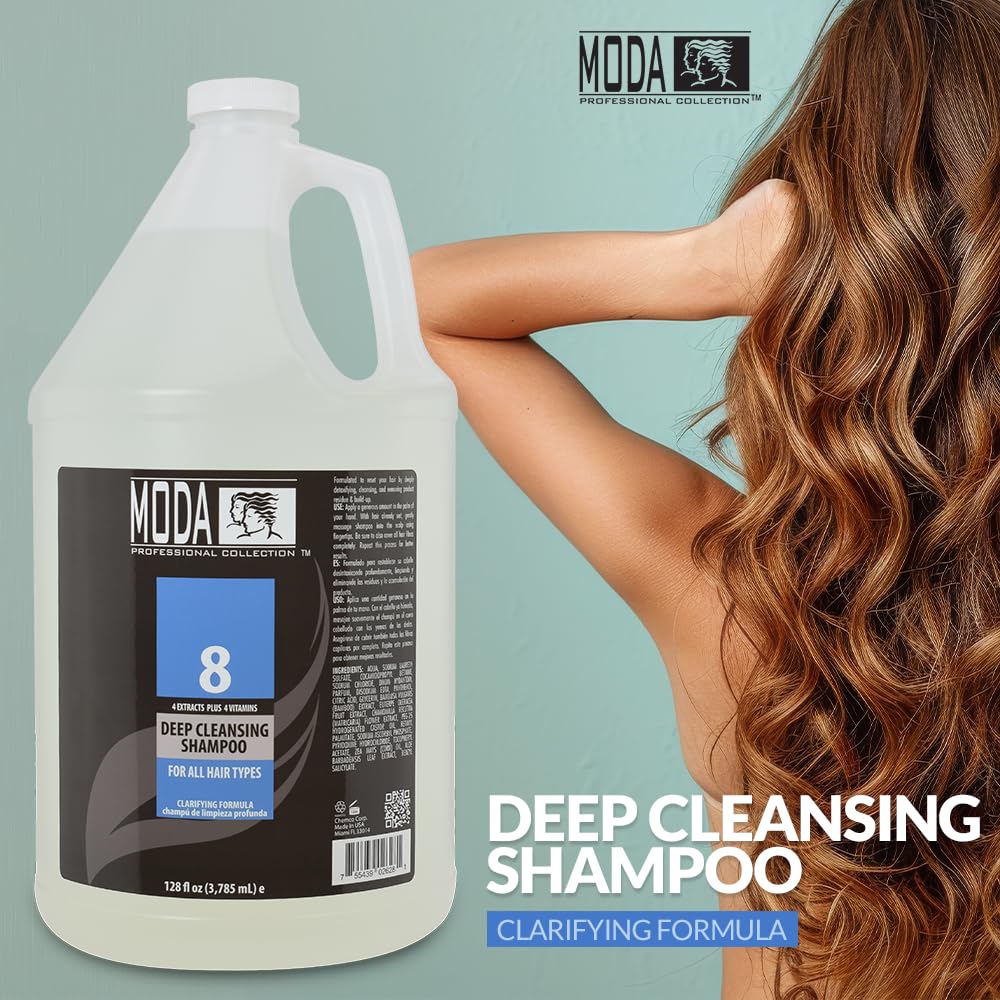 MODA Deep Cleansing Shampoo ingredients panel highlights vitamins and antioxidants
