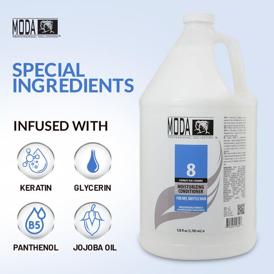 MODA conditioner bottle pour demonstrates easy application and smooth detangling
