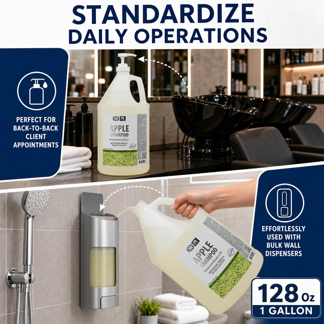 MODA shampoo bottle on salon shelf highlighting professional use and consistency