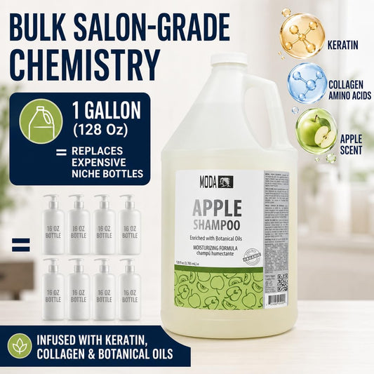 MODA bottle with pump dispensing shampoo into hand for easy refill benefit