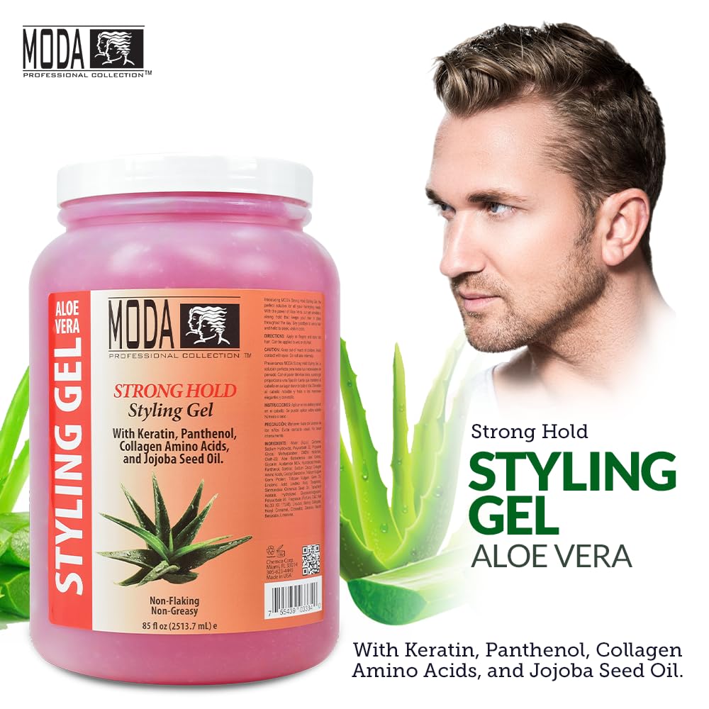 MODA Strong Hold Styling Gel ingredients list highlighting glycerin, keratin, panthenol, and vitamin E.