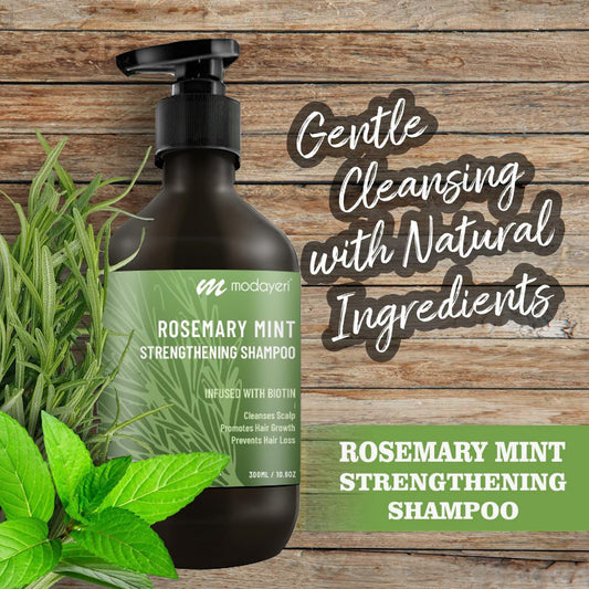 Modayeri Rosemary Mint Strengthening Shampoo label showcases natural ingredients and scent
