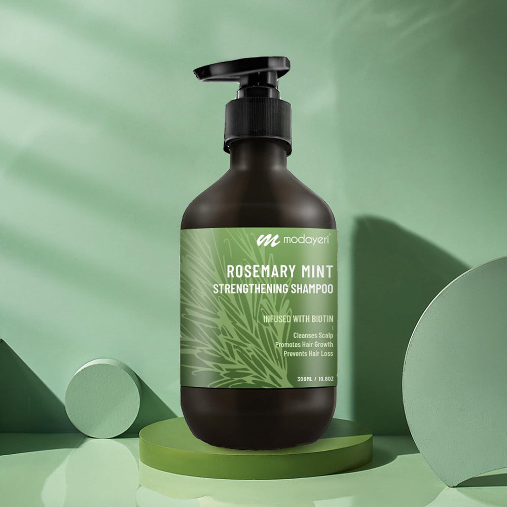 Modayeri Rosemary Mint Strengthening Shampoo packaging closeup for everyday use