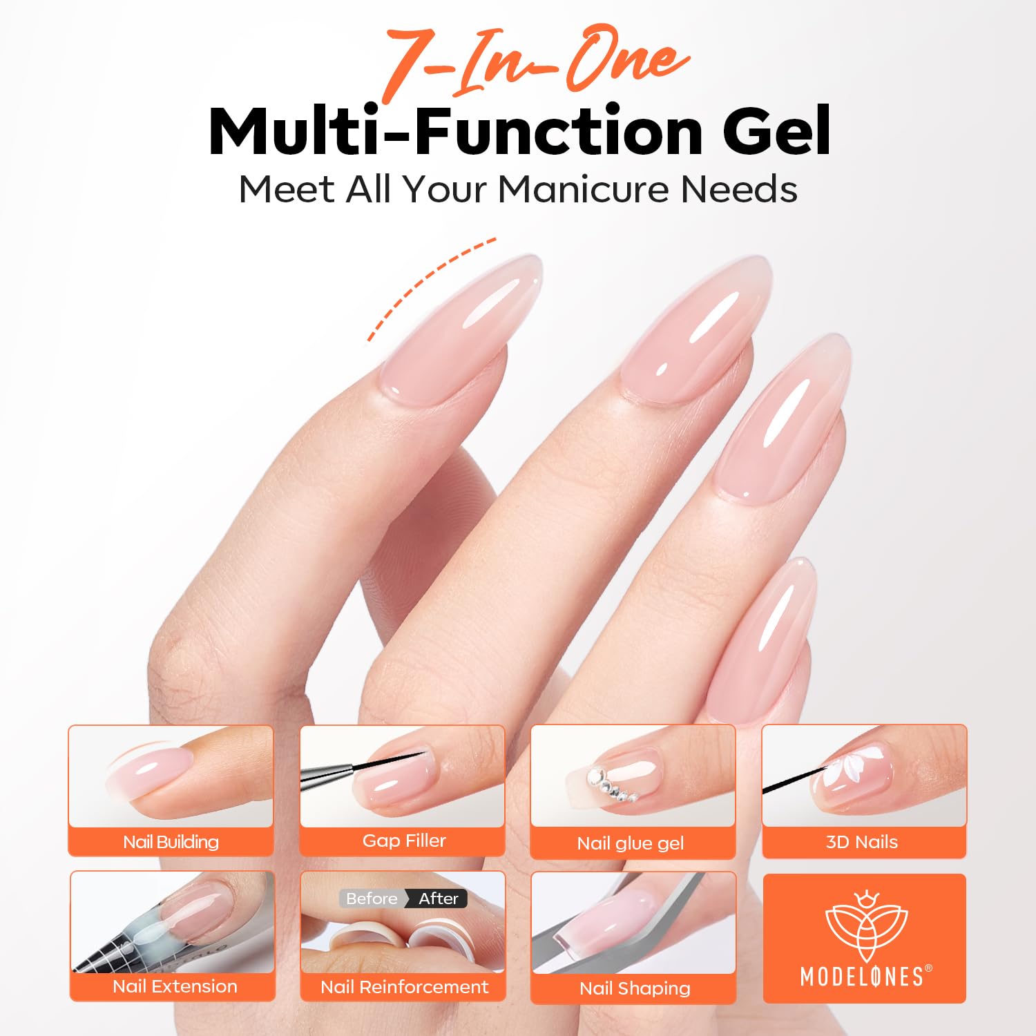 Modelones 15ml bottle demonstrates versatile 7-in-one gel for thickening, building, length, tips, gems.