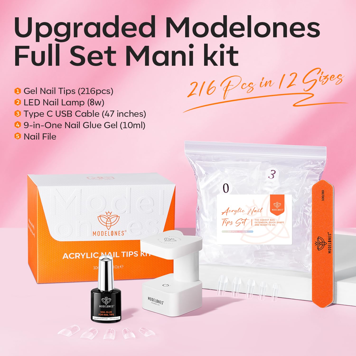 Modelones 216-piece tips pack displaying 12 sizes for a precise fit.