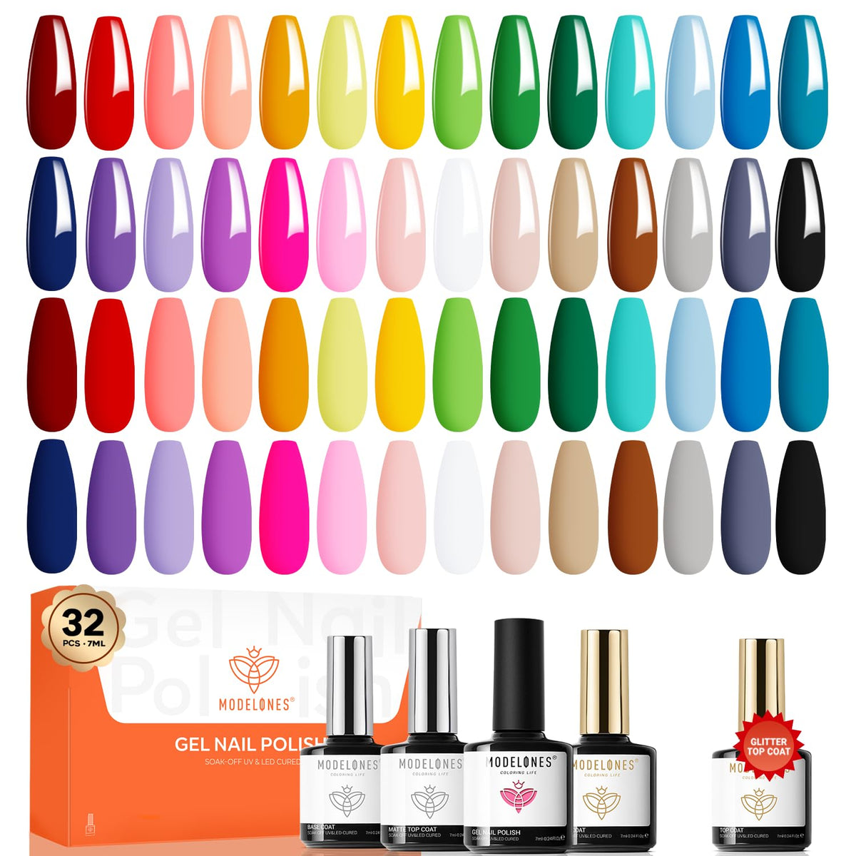 Modelones 32-pcs gel nail polish set featuring 28 colors for versatile nail art.