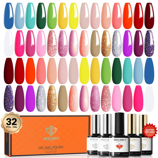 Modelones 32-piece gel nail polish set with vibrant spring colors for long-lasting home manicures