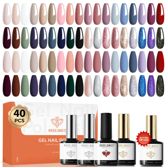Modelones 40-pcs gel nail polish set with 36 colors for versatile manicures.