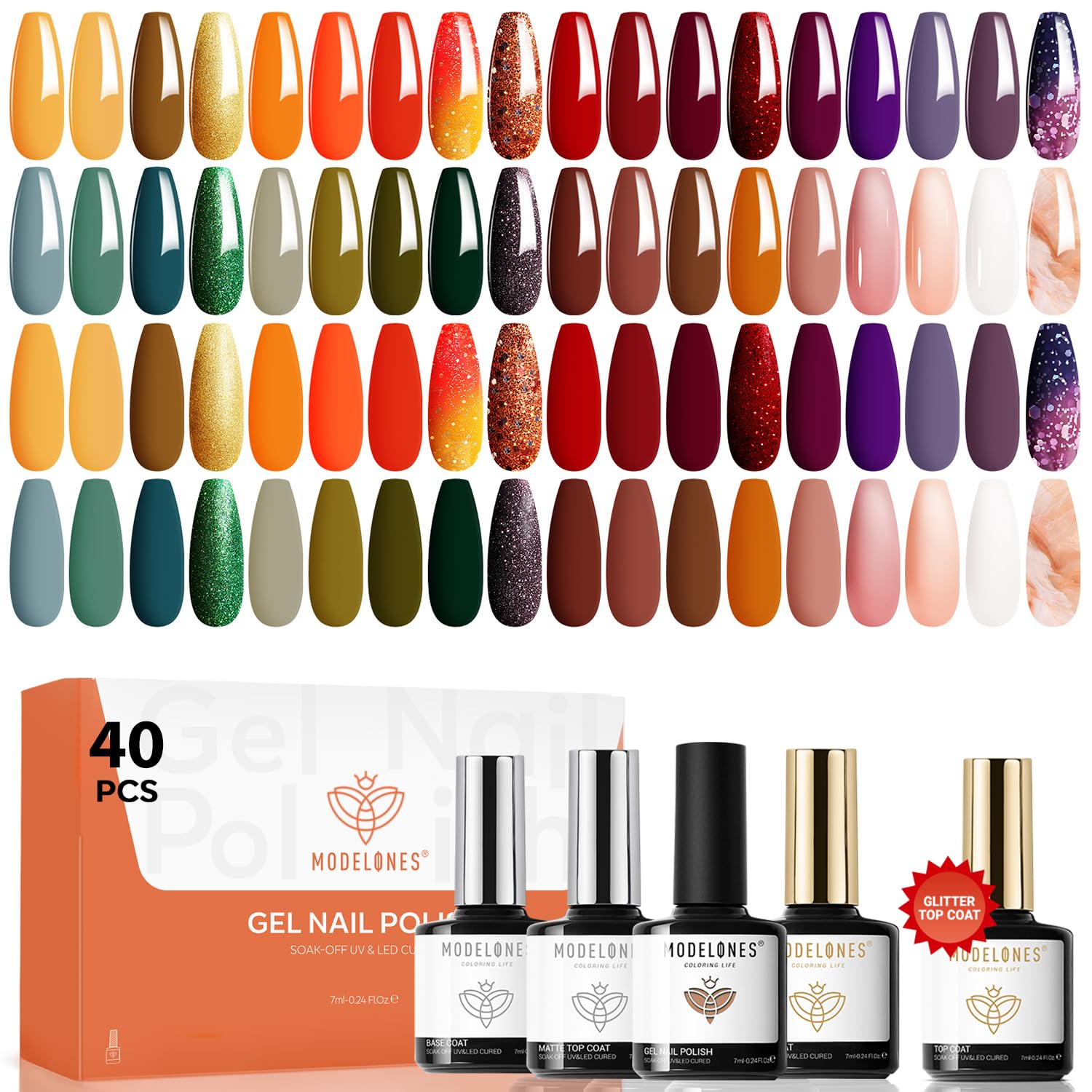 Modelones 40pcs gel nail polish set color swatches show vibrant shades for daily wear