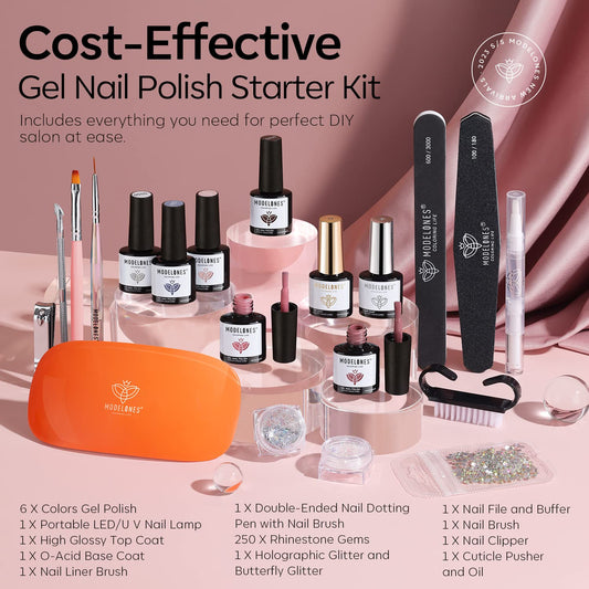 Modelones six classic gel colors for versatile all‑season looks.