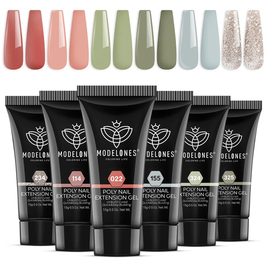 Modelones six-color poly nail gel set swatches for easy color selection.