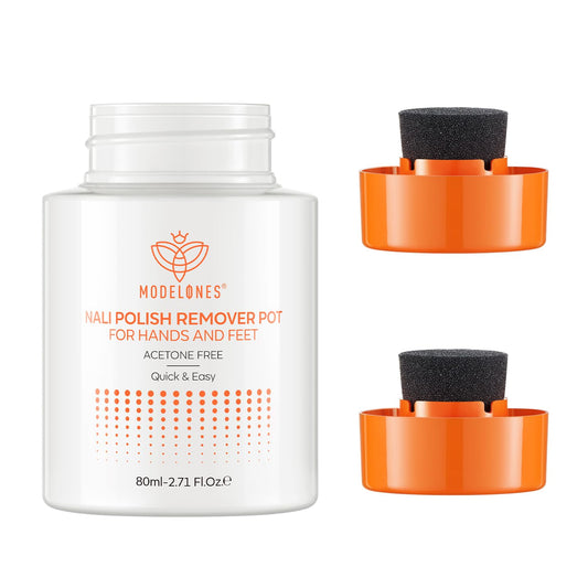 Modelones acetone-free remover pot in full view for quick at-home manicures.
