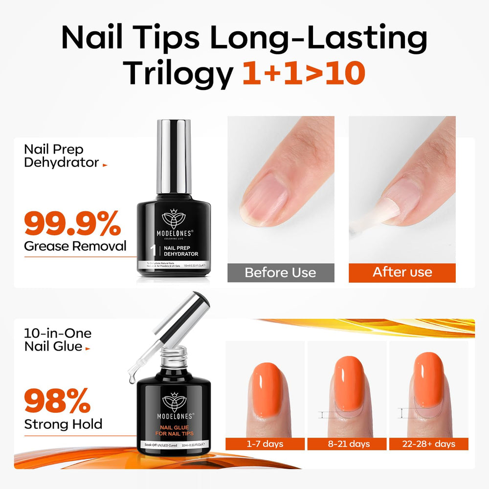 Modelones almond nail tips in 15 sizes for a custom fit.