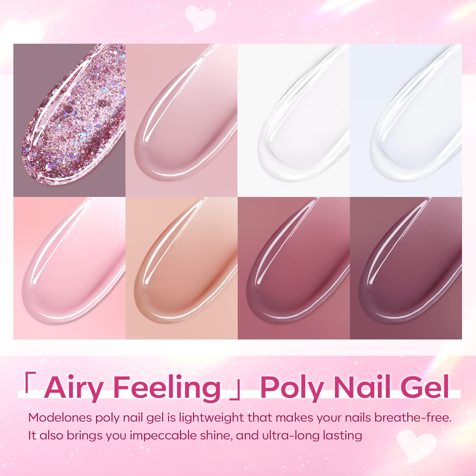 Modelones base and top coat gel for durable, glossy finishes.