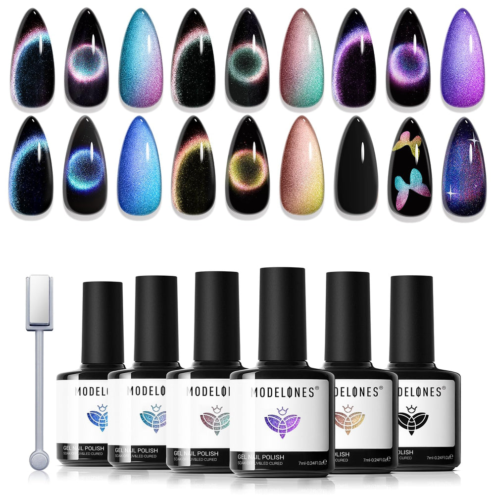 Modelones black base cat-eye gel swatch for dramatic magnetic effect.