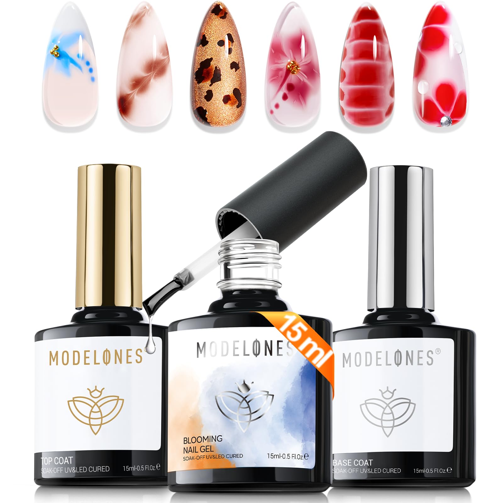 Modelones Blooming Set bottles pack showcases versatile colors for marble and aura nails.