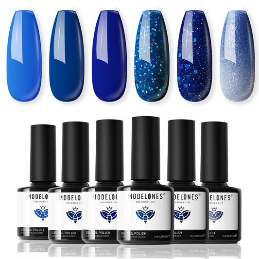 Modelones blue gel nail polish set packaging, premium at-home manicure ready.