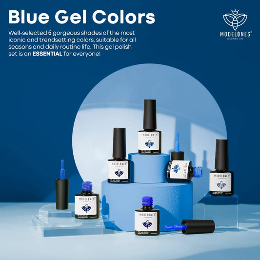Modelones blue gel polish set offers six shades for versatile winter looks.