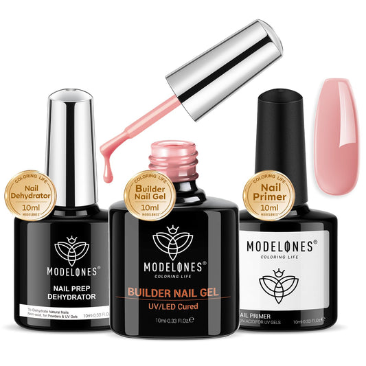 Modelones Builder Nail Gel bottle in rose nude shows smooth gel consistency.