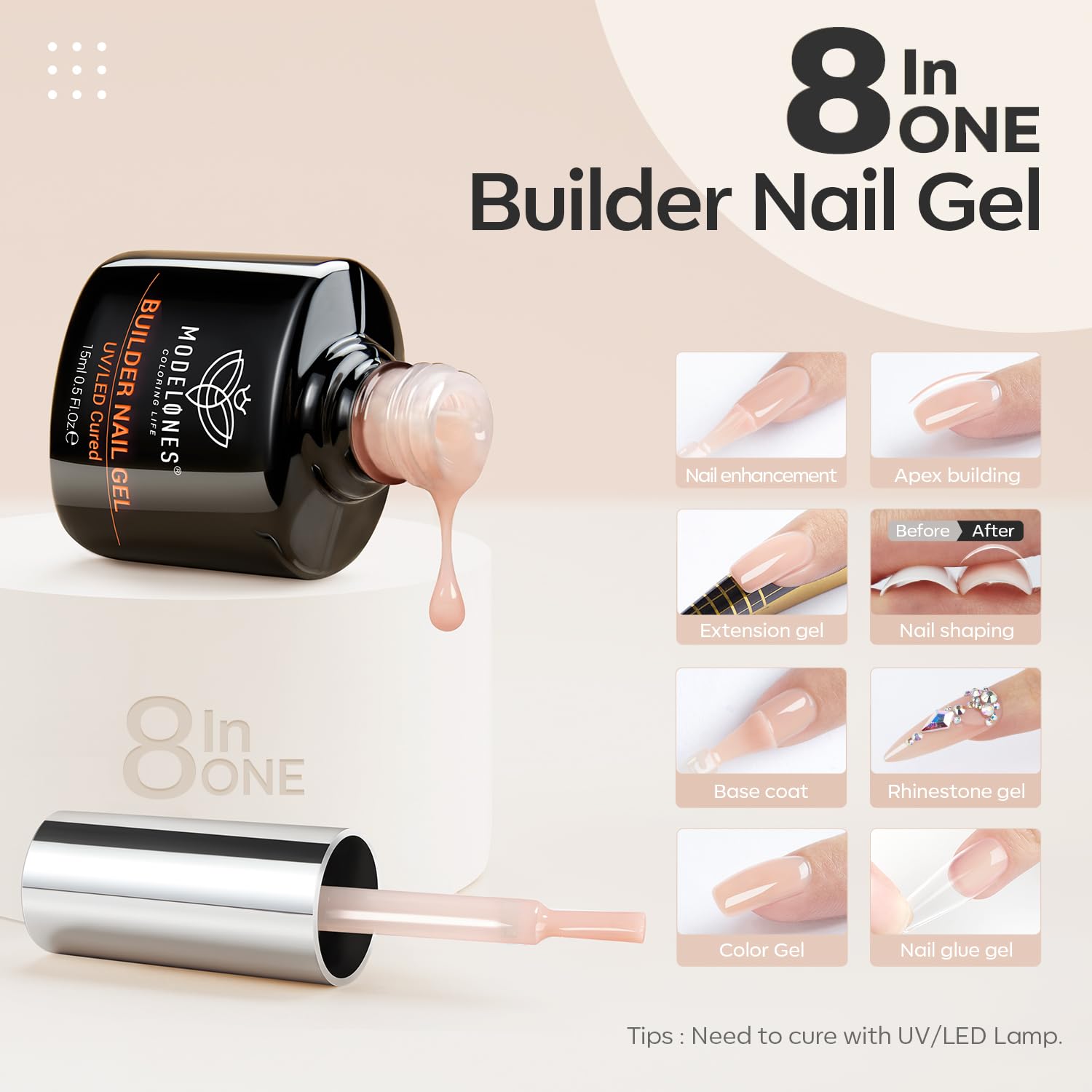 Modelones builder gel demonstrating self-leveling application for smooth coverage.