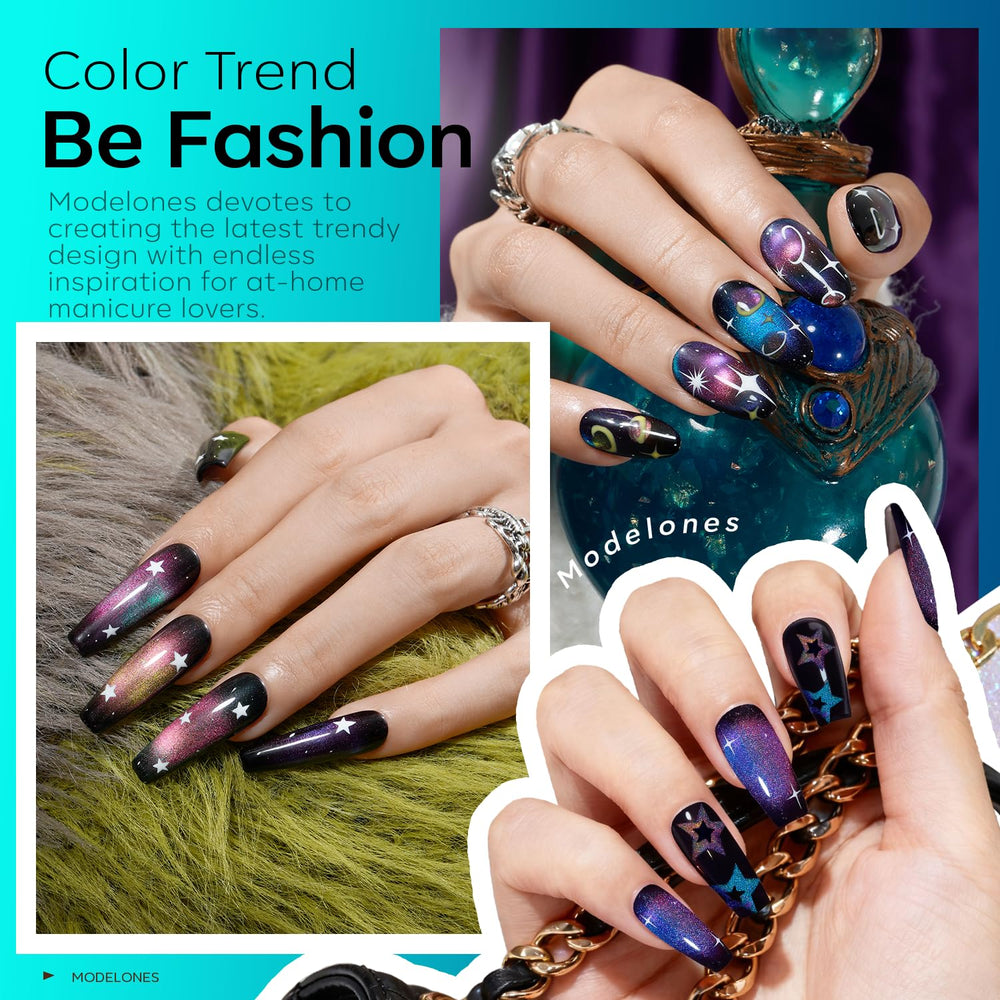 Modelones blue cat-eye gel swatch with iridescent shimmer.
