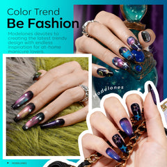 Modelones blue cat-eye gel swatch with iridescent shimmer.