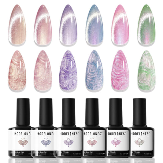Modelones Cat Eye Gel Polish set with six iridescent colors for at-home magnetic nail art.